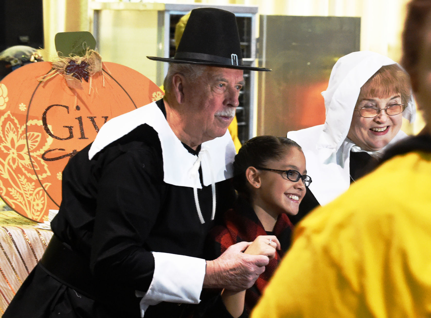 Posing with pilgrims